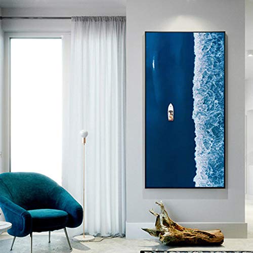 Domrx Nordic blau abstrakte Marmor Gold Kunst Schnellboot Boot Wal Meer schöne Landschaft Malerei Wohnzimmer Sofa Hintergrund -70x140cm / 27,6"x 55,1" Rahmenlos