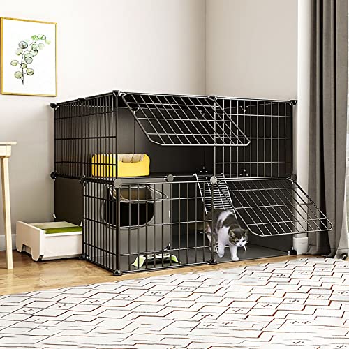 Katzenkäfig für Innenbereich, DIY Katzengehege, Kleintiergehege Großer Auslaufplatz Mit Tür Und Geschlossene Katzentoilette, für Kätzchen kleine Tiere (Color : Black, Size : 95x73x73cm)