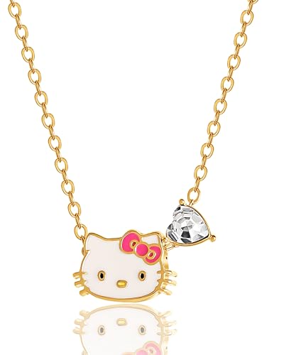 Hello Kitty Sanrio Womens and April Birthstone Necklace 16+2, 18kt Gold Flash-Plated Necklace Official License