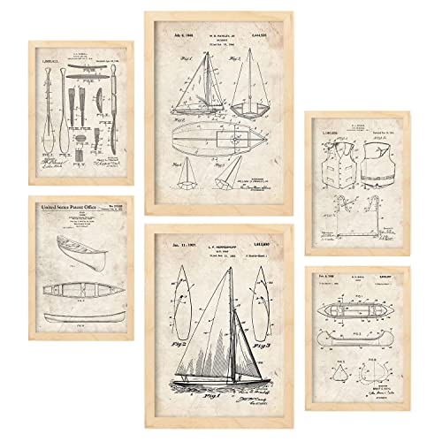 Nacnic Set von 6 Plakaten mit Boot Patenten. Plakate mit Retro-Patentabbildungen. Inneneinrichtung im Vintage-Stil. Grösse A4 und A3. Mit Rahmen.