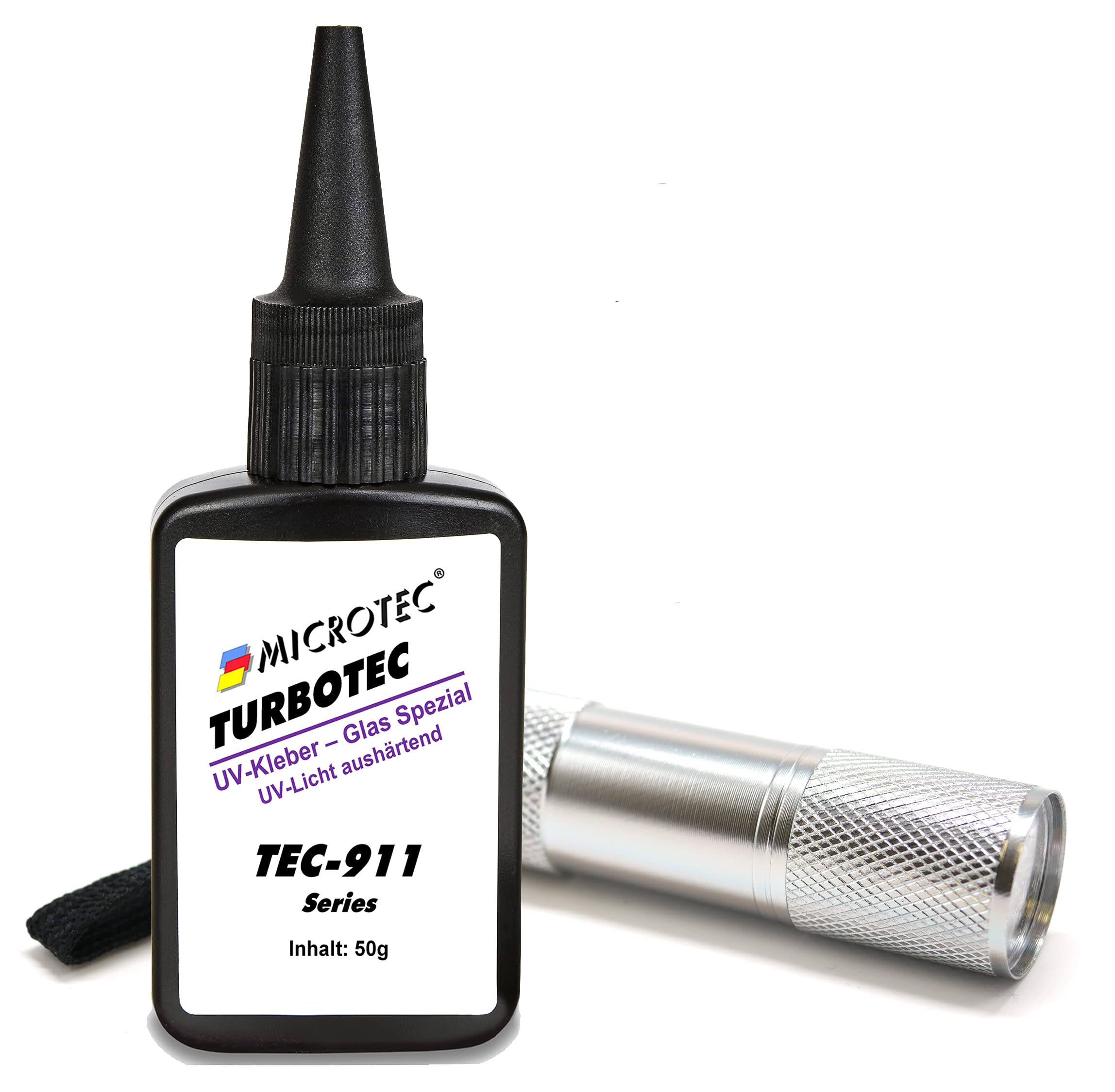 Microtec® Turbotec 911 Glas Spezial UV-Kleber | extra stark für Glas/Metall | 50g | mit UV-Taschenlampe | lichthärtender und transparenter Klebstoff | Qualitätsprodukt aus Deutschland