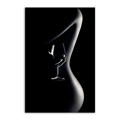 Schwarz Weiß Poster Sexy Frau mit Weinglas Leinwand Bilder Drucken Moderne Schlafzimmer Wohnzimmer Dekorative Gemälde 60x90cm Rahmenlos