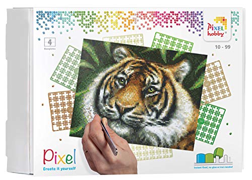 Pixel P090028 Mosaik Geschenkverpackung Tiger. Pixelbild Circa 25.4 x 20.3 cm groß zum Gestalten für Kinder und Erwachsene, Bunt