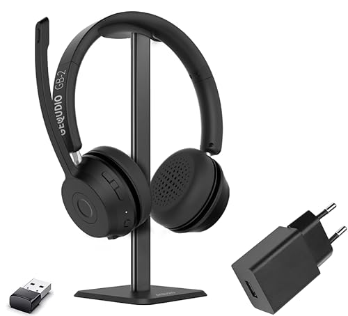 GEQUDIO GB-2 Bluetooth Headset mit Mikrofon, Kopfhörer mit Noise Cancelling, kabellos für Smartphone, Handy, PC oder Laptop – (mit USB Adapter, Ladegerät, Halter)