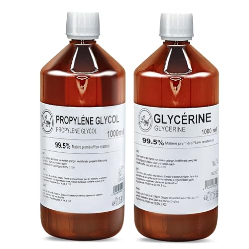 Leyf 1000 ml Glycerin 99.5% + 1000 ml Propylenglykol 99.5%, Pharmaqualität, 1L Flasche Glycerin + 1L Flasche Propylen Glykol, Lebensmittelqualität E422, Raw Material VG + PG, Rein, Vegan, Ph. Eur/USP