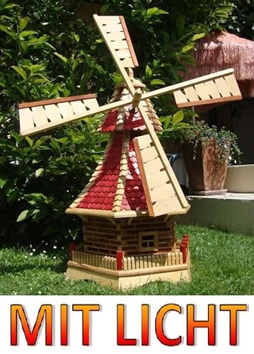 XL Premium-Solar-Windmühle Holzwindmühle, Windmühlen Garten, imprägniert + kugelgelagert 1 m groß rot lasiert hell weinrot + Natur MIT SOLARBELEUCHTUNG