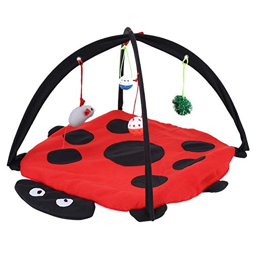 Souong Spielmatte für Katzen, Baumwolle, Aktivitätszentrum, mit 4 Spielzeugen zum Aufhängen, Katzenbett, zum Aufrollen und Erreichen von Katzen, 60 x 60 x 34 cm, Rot / Schwarz