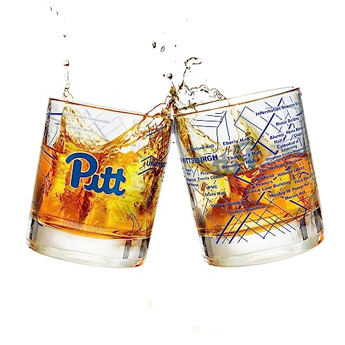 University of Pittsburgh Whiskeyglas-Set (2 niedrige Kugelgläser) – enthält farbiges Pittsburgh Panthers Logo & Campus Karte – Panthers Geschenkidee für College Grads & Alumni – Glaswaren