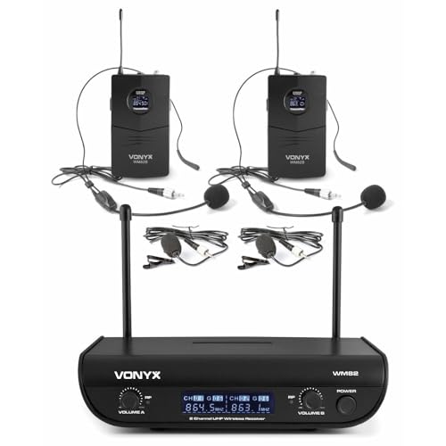 Vonyx WM82B Digital 2-Kanal-UHF-Funkmikrofon System, 2x Headsetmikrofon & Taschensender, bis 50 m Reichweite, Transportkoffer