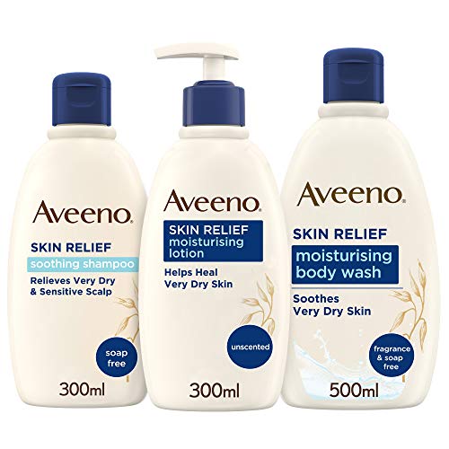 Aveeno Skin Relief Regime Bundle Body Wash Body Lotion und Shampoo für empfindliche, sehr trockene Haut und Kopfhaut, Blau, 3 Stück