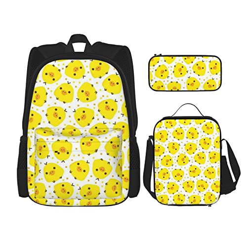 Lawenp Gelbes Hühner-Schultaschen-Set mit DREI Kreuz-Lunch-Beutel-Bleistift-Beutel-Set Jungen- und Mädchen-Schultasche