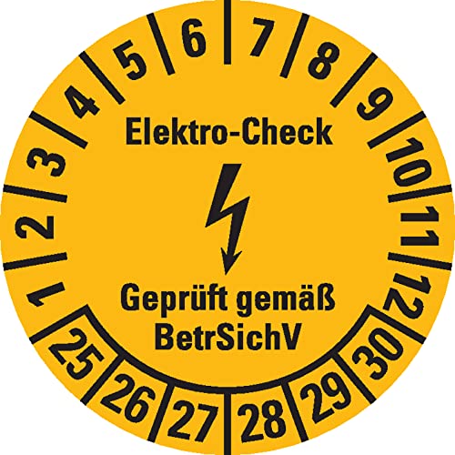 Aufkleber I Prüfplakette Elektro-Check BetrSichV, 25-30, gelb/schwarz, Dokufolie, Ø 20mm, 36/Bogen