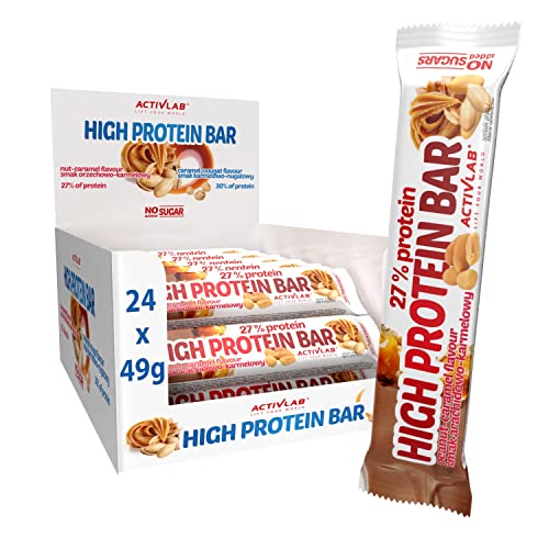 Activlab High Protein BAR 49g; Nahrungsergänzungsmittel; Packung 24 x 49g; Ein proteinreicher Riegel ohne Zuckerzusatz mit Füllung; Karamell-nussiger Geschmack mit Erdnüssen
