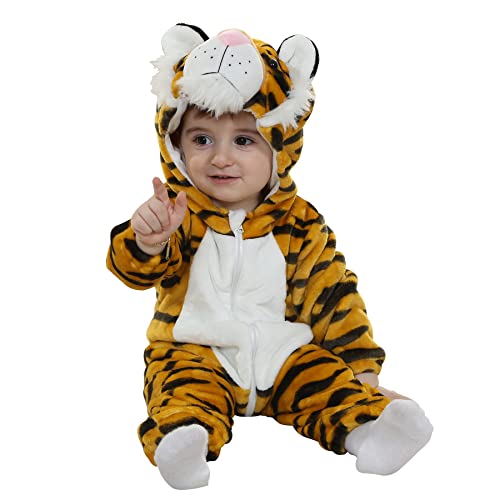 Doladola Babys mit Kapuze Onesies Flanell Frühling Strampler Pyjama Bekleidung Karikatur Tier Jumpsuit für mädchen und Junge(24-30 Monate,Tiger)