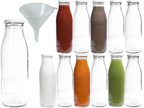 Viva Haushaltswaren - 12 x Weithals-Glasflasche 500 ml mit weißem Schraubverschluss, als Milchflasche, Saftflasche & Smoothieflasche verwendbar (inkl. Trichter Ø 12 cm)
