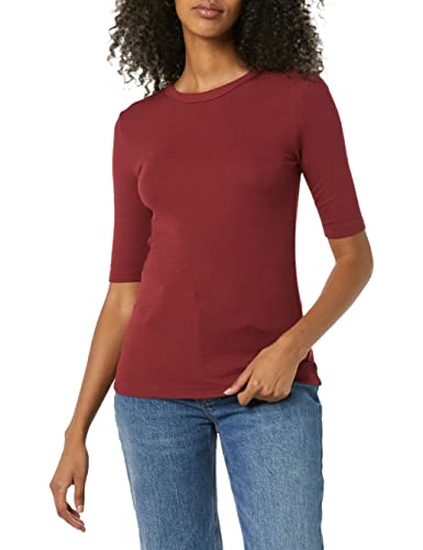 Amazon Aware Damen Geripptes T-Shirt aus Modal mit ellenbogenlangen Ärmeln und Rundhalsausschnitt (in Übergröße erhältlich), Dunkelrot, 7XL Große Größen