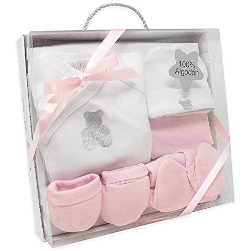 Duffi Baby Babyparty-Set für Neugeborene, 5-teilig, Geschenkset für Babys, Erstes Baby, mit Jacke, Gamaschen, Mütze, Lätzchen und Handschuhen, 100 % Baumwolle, Modell Teddybär, Rosa 0985-06