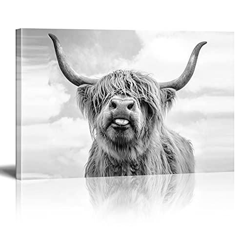 Leinwand Wandkunst Schwarz-Weiß Highland Kuh Bilder Longhorn Cattle Wandmalerei Drucke Zeitgenössische Kunstwerke Bauernhaus Dekor 80x120cm (32x47in) Innenrahmen