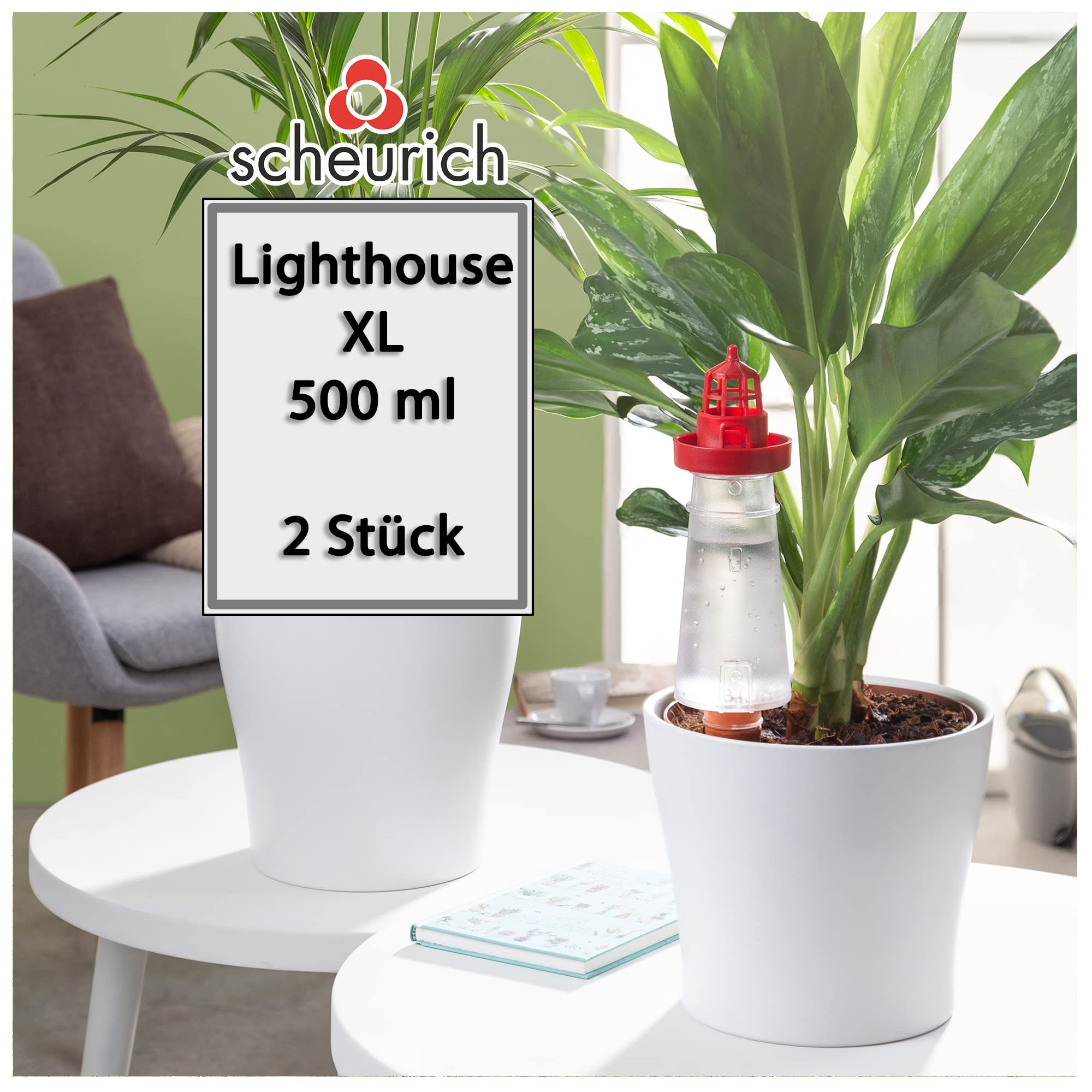 Scheurich Wasserspender Lighthouse XL | 2X Rot | 500 ml Füllmenge | Bewässerungskugel klein mit Ton Fuß | Wasserspender Pflanzen und Blumen Terrakotta Stiel