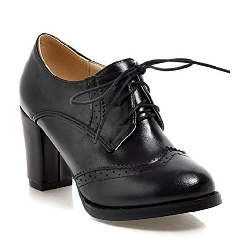 Damen Round Toe Brogue Schuhe Vintage Schnürung High Heels Stilvolle elegante Oxford Schuhe Hochzeitsfeier Pumps Block Heel Stiefeletten Heels für Damen