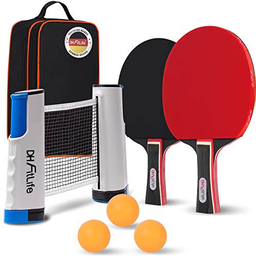 DH FitLife Tischtennisschläger Set für 2 Spieler, mit ausziehbarem mobilen Tischtennisnetz, 3 Tischtennisbälle, 2 Schläger, inkl. Aufbewahrungstasche, für jeden Tisch, Tischtennis Set mit Netz