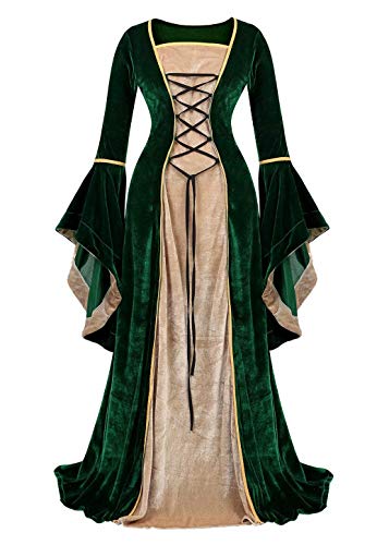 Jutrisujo Mittelalter Kleidung Damen samtkleid lang samt Kleid Renaissance viktorianischen kostüm maxikleid Vintage Retro trompetenärmel Grün M