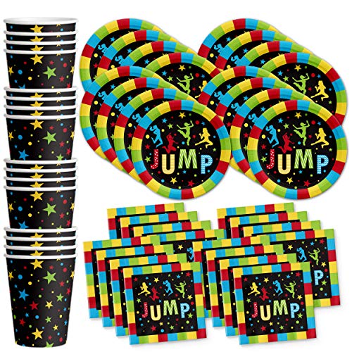 Jump! Bounce House Trampolin Partyzubehör Set Teller Servietten Becher Geschirr Kit für 16 Personen