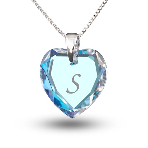 Kristallwerk Kinderkette 925 Silber mit Swarovski Elements Herzanhänger Farbe Blue AB und Gravur Buchstabe S als Geschenk oder zum Geburtstag
