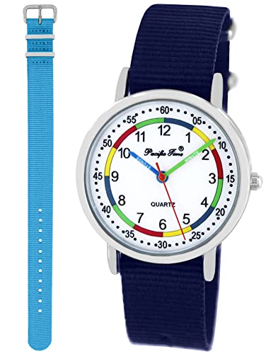 Pacific Time Lernuhr Jungen Mädchen Kinder Armbanduhr 2 Armband dunkelblau + hellblau analog Quarz 11010