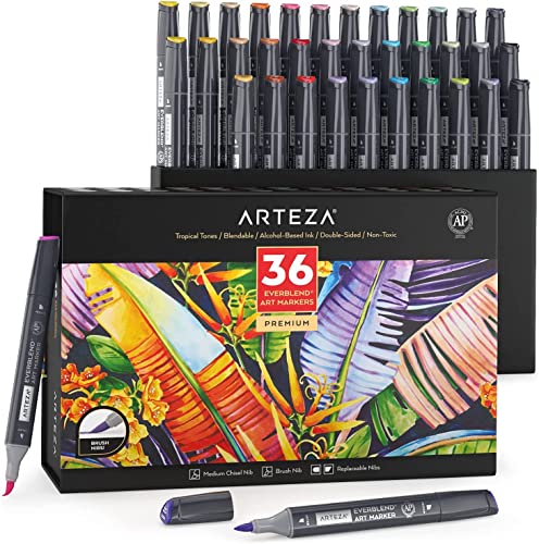 ARTEZA Everblend Ultra Graffiti Stifte, 36er Set Art Marker in Tropischen Farbtönen, Alkohol Marker mit Medium Keilspitze und Pinselspitze, Twinmarker zum Färben, Skizzieren inkl. Organizer Box