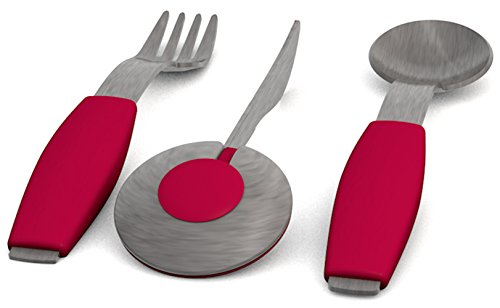 Ornamin Besteckset 3-teilig mit roten Griffkissen | Einhänder-Besteck mit Hilfsfunktion für intuitive Nutzung | Spezial-Besteck, Einhänder-Hilfsmittel, Essbesteck, Esshilfe