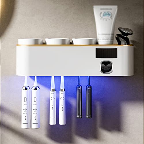 WENNEWU Wandmontierter wiederaufladbarer Zahnbürstenhalter mit 3 Bechern, UV-Zahnbürstensterilisator, Zahnpastaspender, 1800-mAh-Aufladung, Zahnbürsten-Organizer für Badezimmer,Weiß
