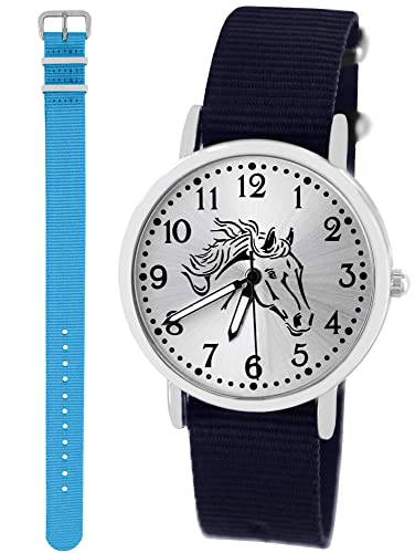 Pacific Time Mädchen Uhr Analog Quarz mit 2 Textilarmband 10417 blau hellblau