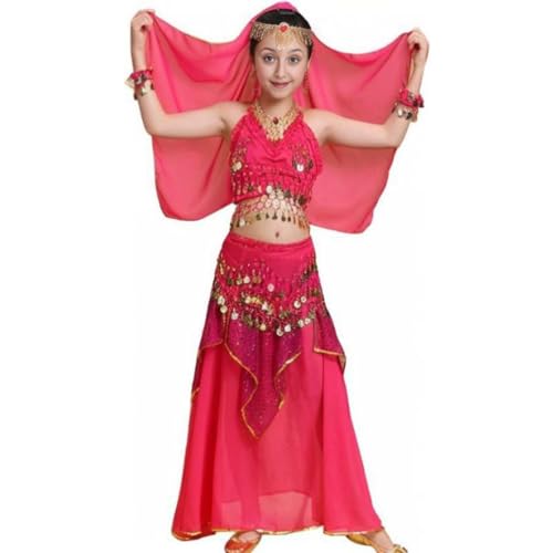 Kinder Mädchens Damen Tanzkleid Top Rock Indische Bauchtänzerin Kostüme Rose L Höhengeeignet 120-135CM