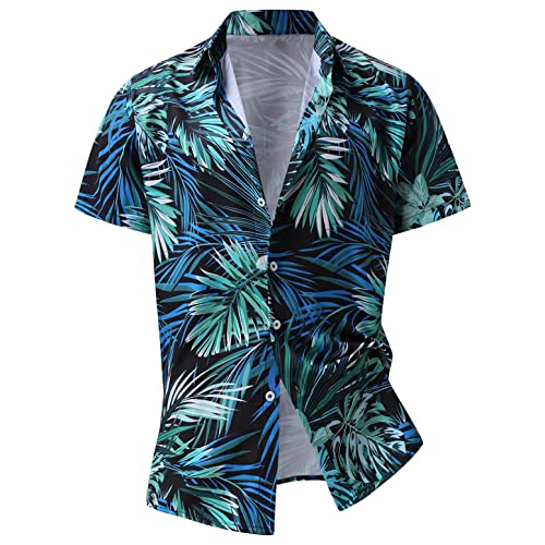 Yowablo Herren Hemd Kurzarm Hawaii bedrucktes Spleißmuster Casual Fashion Revers Kurzarmhemd (XL,1Blau)