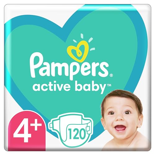 Pampers Active Baby Windeln, Größe 4+, 120 Windeln, Auslaufschutz rund um die Uhr, 10kg-15kg
