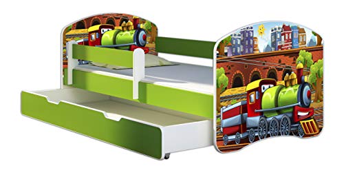ACMA Kinderbett Jugendbett mit Einer Schublade und Matratze Grün mit Rausfallschutz Lattenrost II 140x70 160x80 180x80 (44 Lokomotive, 140x70 + Bettkasten)