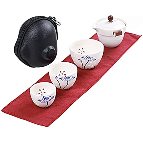 EdirFtra Keramik Reise Tee Set, Porzellan, Hohle Lotus Design, mit Reisetasche, geeignet für Outdoor Wandern und Familienfeier