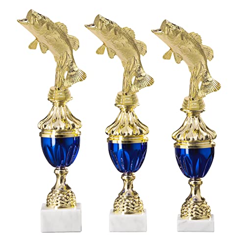 eberin · Angler Pokale · Angeln Pokal groß · Angelfigur Fisch Gold · Angelurlaub Award · Angelverein Ehrenpreis · Gold/blau · Pokal mit Wunschgravur in 3 Größen oder als 3-er Set, Größe 37,8 cm