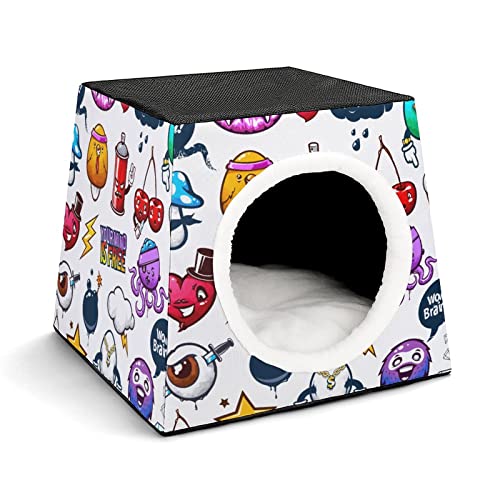 Bedruckte Katzenhäuser Katzenhöhle für Katzen Faltbares Haustier Haus Katzenbett Katzensofa mit Flauschiges Kissen Aufkleber Cartoons