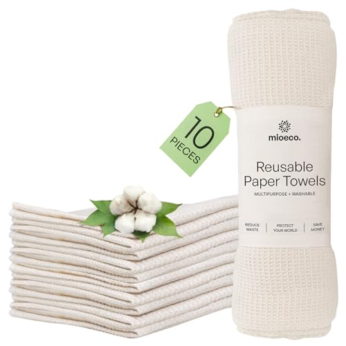 Mioeco 10-Pack Wiederverwendbare Papierhandtücher, waschbar – Alternative aus Bio-Baumwolle, Bambus – Dicke, Starke, papierlose Küchen-Geschirrtücher – Wiederverwendbare Servietten – Geschirrtücher