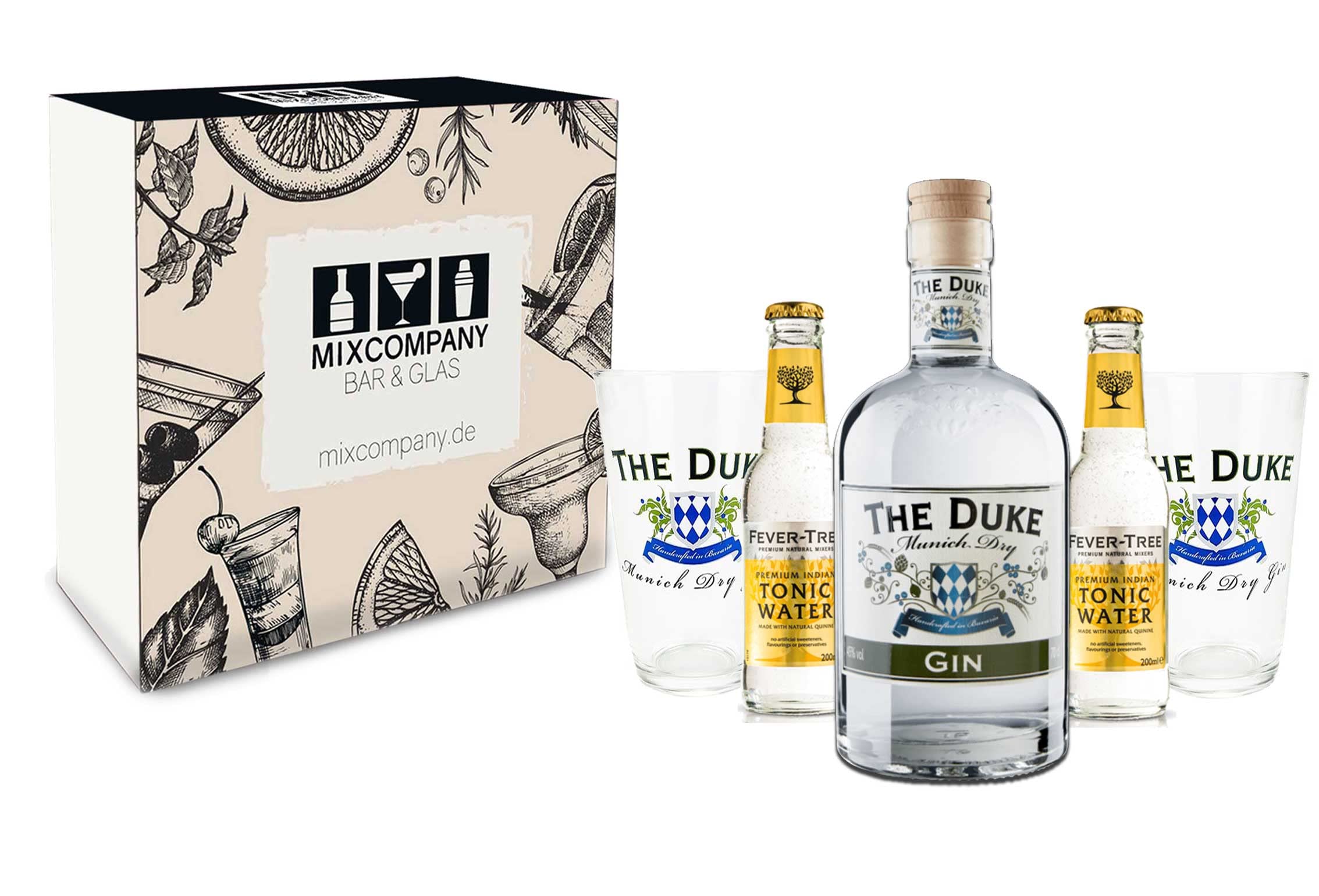 The Duke Geschenkset - Munich Dry Gin 0,7l 700ml (45% Vol) + 2x Gläser + 2x Fever-Tree Tonic Water 200ml - Inkl. Pfand MEHRWEG