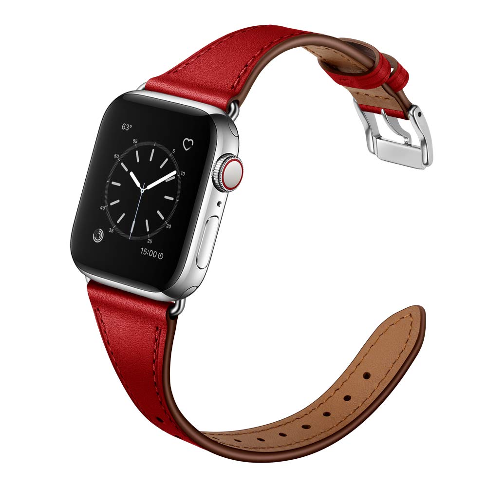 Arktis Lederarmband für Frauen kompatibel mit Apple Watch (Apple Watch Ultra 1/2 49 mm) (Series 7 8 9 45 mm) (Series SE 6 5 4 44 mm) (Series 3 2 1 42 mm) [Echtes Leder] mit Edelstahlschließe - Rot