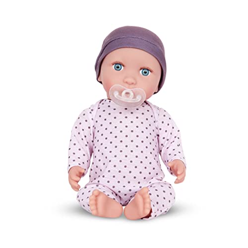 Babi BAB7224Z Baby Kleidung in lilafarben und Schnuller – Weiche 36 cm Puppe mit mittlerem Hautton und blauen Augen – Spielzeug ab 2 Jahren, Bunt