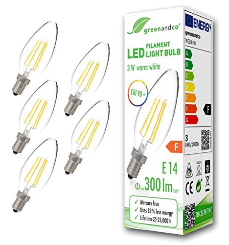 greenandco 5x CRI90+ Glühfaden LED Lampe ersetzt 28 Watt E14 Kerze, 3W 300 Lumen 2700K warmweiß Filament Fadenlampe 360° 230V AC nur Glas, nicht dimmbar, flimmerfrei, 2 Jahre Garantie