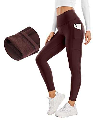 CRZ YOGA Damen Thermo Leggings mit Taschen High Waist Fleece Sport Yoga Leggins Warm Sporthose - 64/71cm Taupe 38