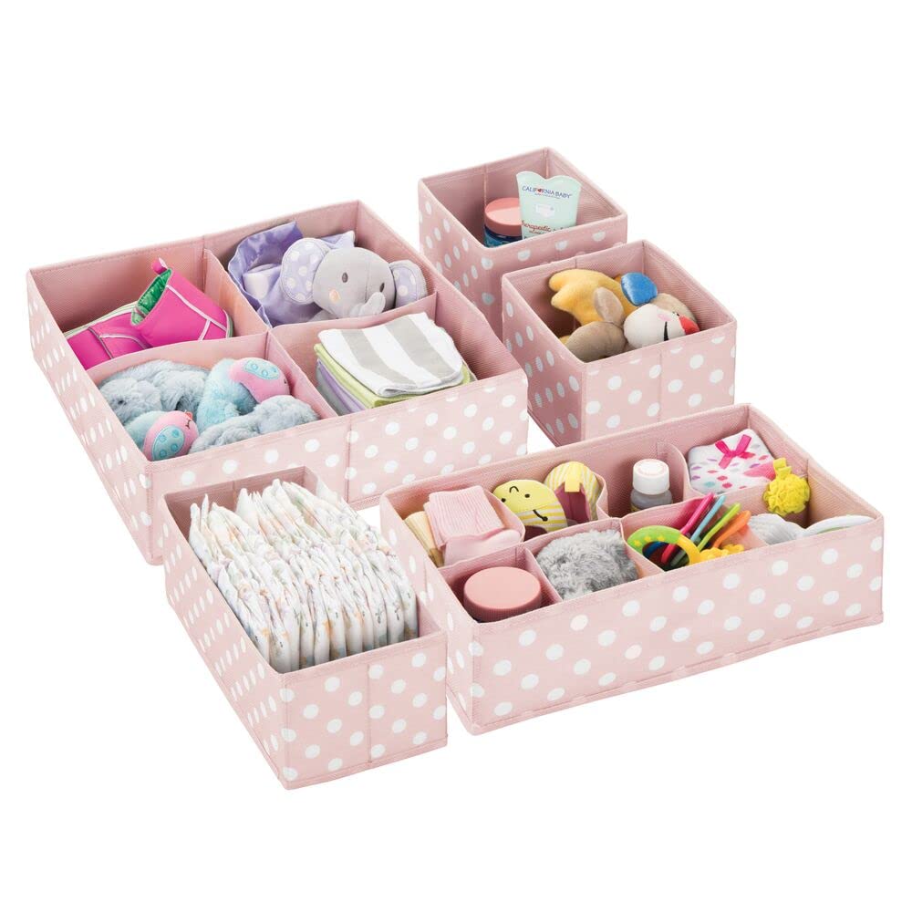 mDesign 5er-Set Kinderzimmer Aufbewahrungsbox – für Babysachen und Windeln – Aufbewahrungsboxen auch zur Spielzeugaufbewahrung geeignet – Kiste mit mehreren Fächern – hellrosa und weiß