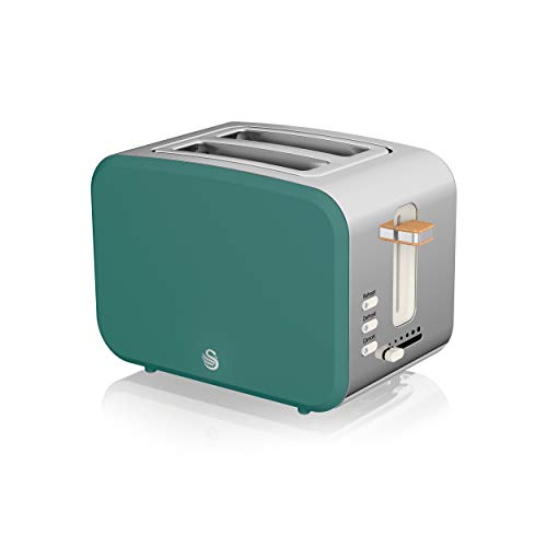 Swan Nordic Breitschlitz-Toaster mit 2 Scheiben, 3 Funktionen, 6 Bräunungsstufen, modernes Design, Edelstahl, Griff in Holzoptik, grün matt