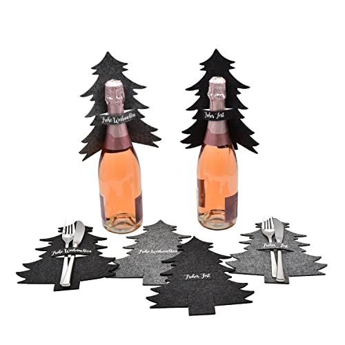 Besteckhalter Filz Tannenbaum mit Spruch Grau Schwarz Flaschendeko Weihnachtsbaum (24 Stück)