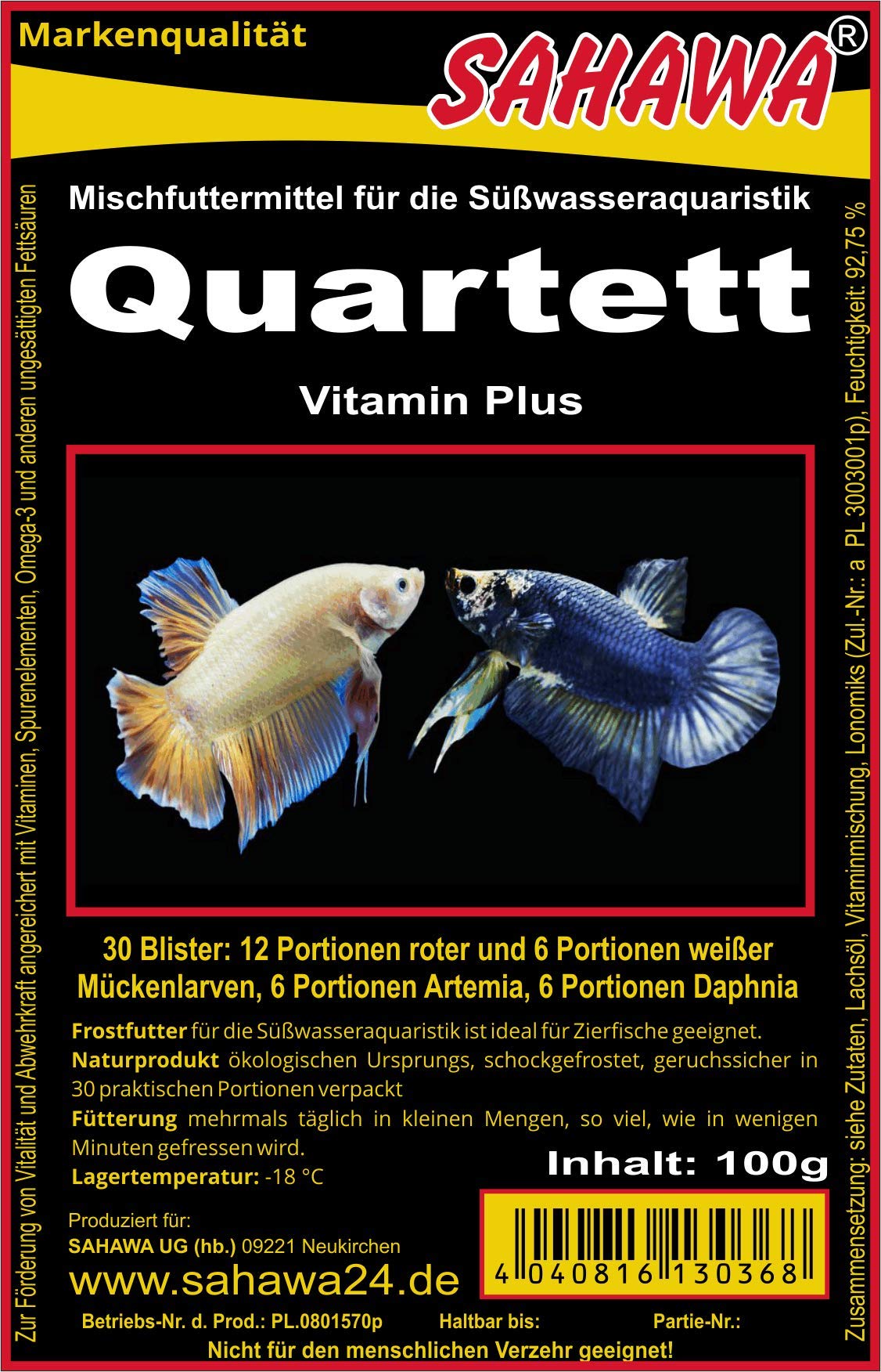 Frostfutter 10 x 100g Blister Quartett verpackt mit Trockeneis -78°C, Aquarium, Aquaristik, Fischfutter, Frostfutter
